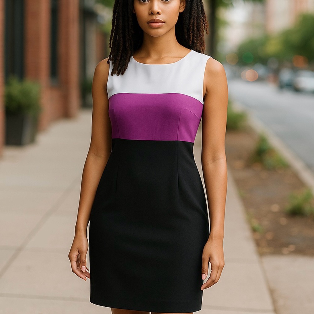 Black Label Elegant Color block Dress - Black, Purple, White. Sz 8-10. - Picture 14 of 14